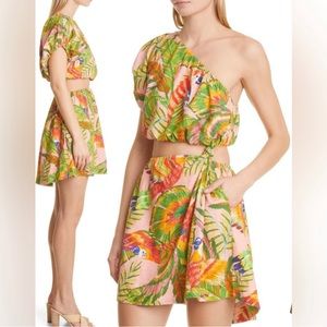 FARM Rio Macaw Leaves Cutout Waist Linen Blend Mini Dress One Shoulder Size S